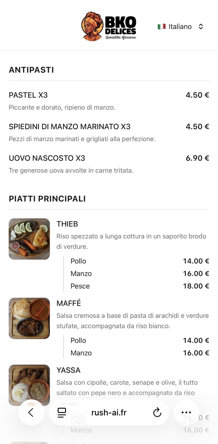 Menu Rush traduit en Italiano